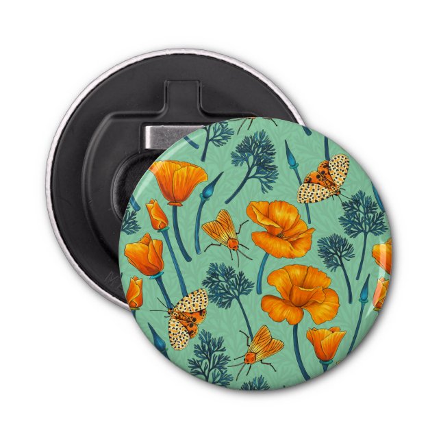California poppies and moths on jade bottle opener (Front)