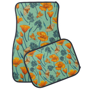 California poppies and moths on jade car floor mat