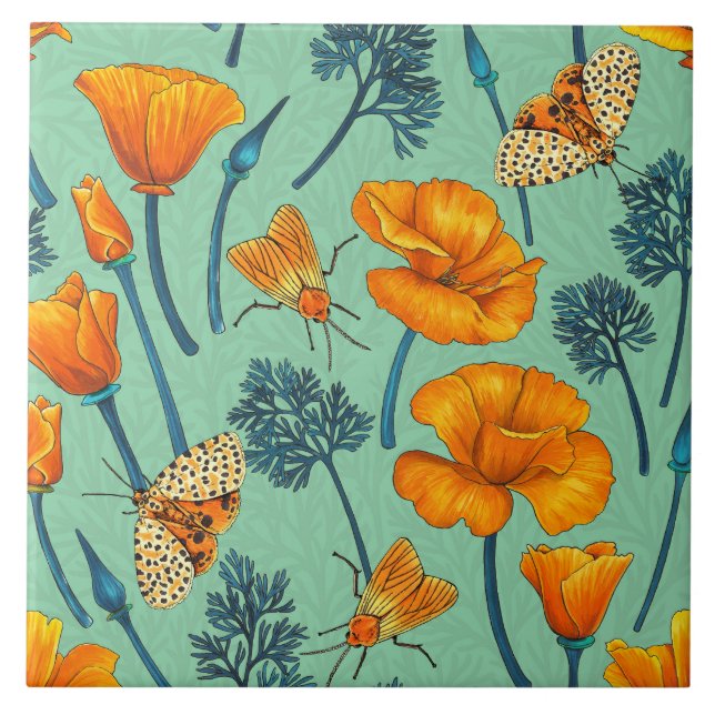 California poppies and moths on jade ceramic tile (Front)