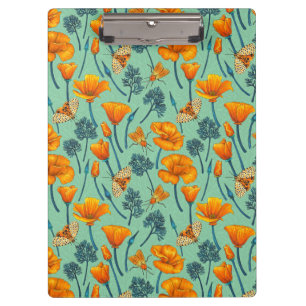California poppies and moths on jade clipboard