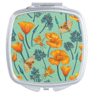 California poppies and moths on jade compact mirror