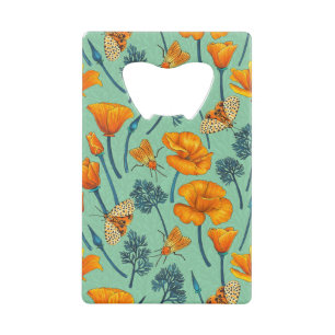 California poppies and moths on jade credit card bottle opener