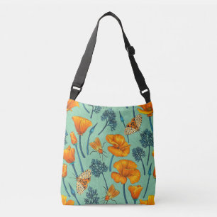 California poppies and moths on jade crossbody bag