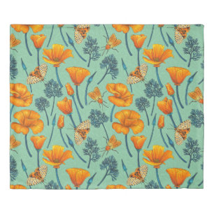 California poppies and moths on jade duvet cover