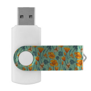 California poppies and moths on jade flash drive