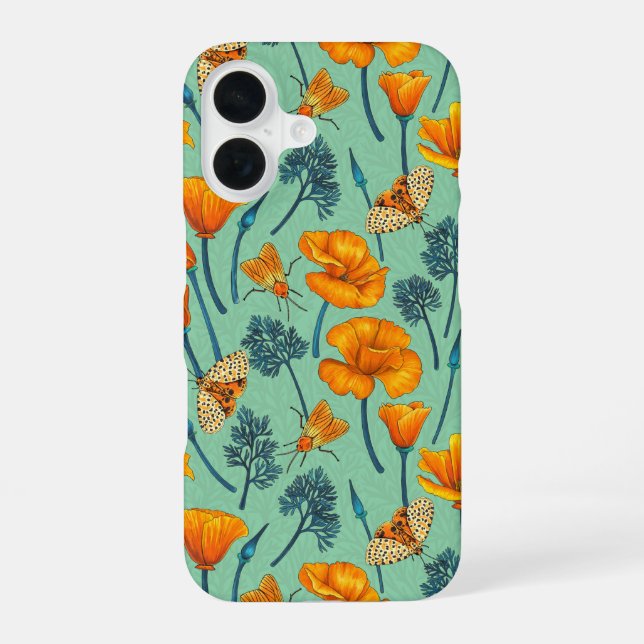 California poppies and moths on jade iPhone case (Back)