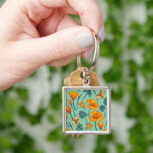 California poppies and moths on jade keychain