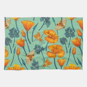 California poppies and moths on jade kitchen towel