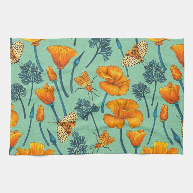 California poppies and moths on jade kitchen towel (Horizontal)