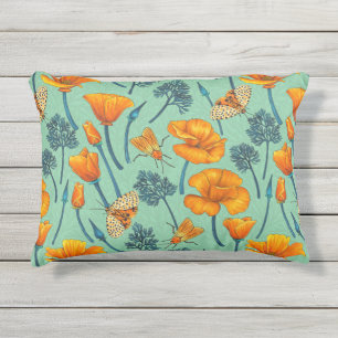 California poppies and moths on jade outdoor pillow
