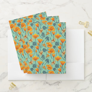California poppies and moths on jade pocket folder