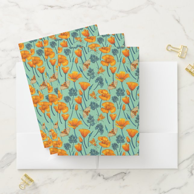 California poppies and moths on jade pocket folder (In Situ)