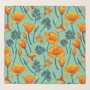 California poppies and moths on jade scarf
