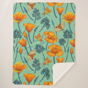 California poppies and moths on jade sherpa blanket
