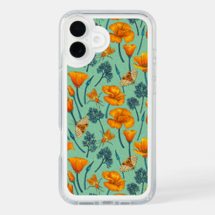 California poppies and moths on jade iPhone 16 plus case