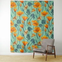 California poppies and moths on jade