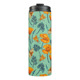 California poppies and moths on jade thermal tumbler