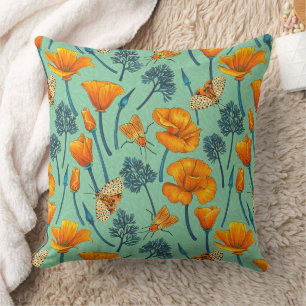 California poppies and moths on jade throw pillow