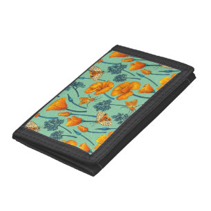 California poppies and moths on jade trifold wallet