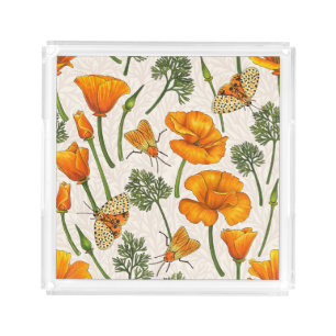 California poppies and moths on off white 2 acrylic tray