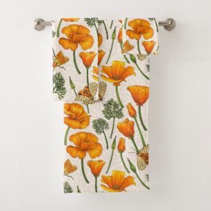 California poppies and moths on off white 2 bath towel set