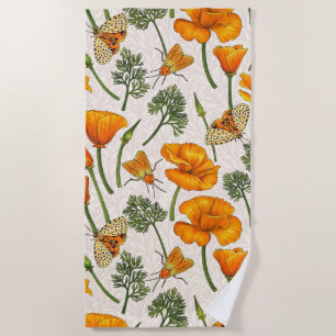 California poppies and moths on off white 2 beach towel