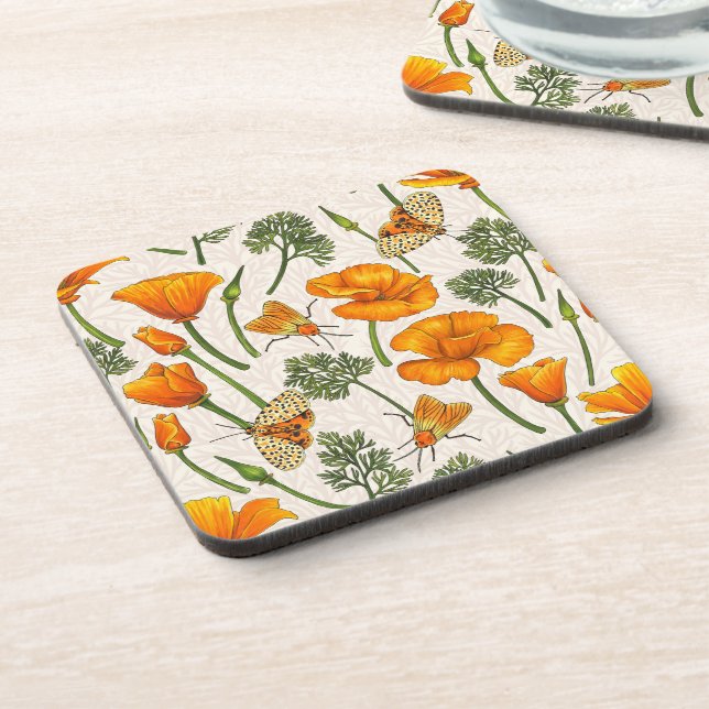 California poppies and moths on off white 2 beverage coaster (Left Side)