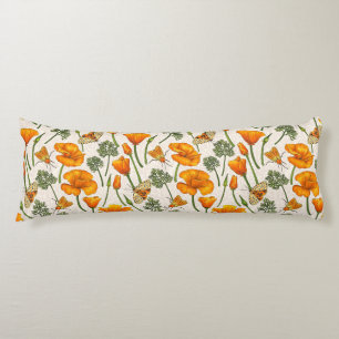 California poppies and moths on off white 2 body pillow