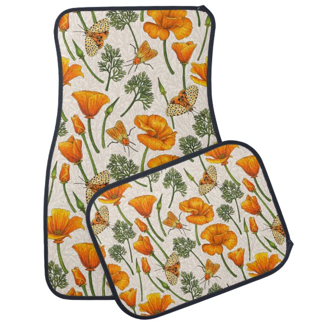 California poppies and moths on off white 2 car floor mat (Set)