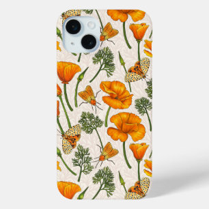 California poppies and moths on off white 2 iPhone 15 plus case