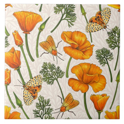 California poppies and moths on off white 2 ceramic tile