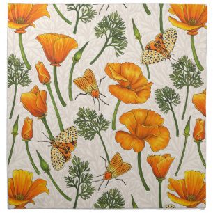 California poppies and moths on off white 2 cloth napkin
