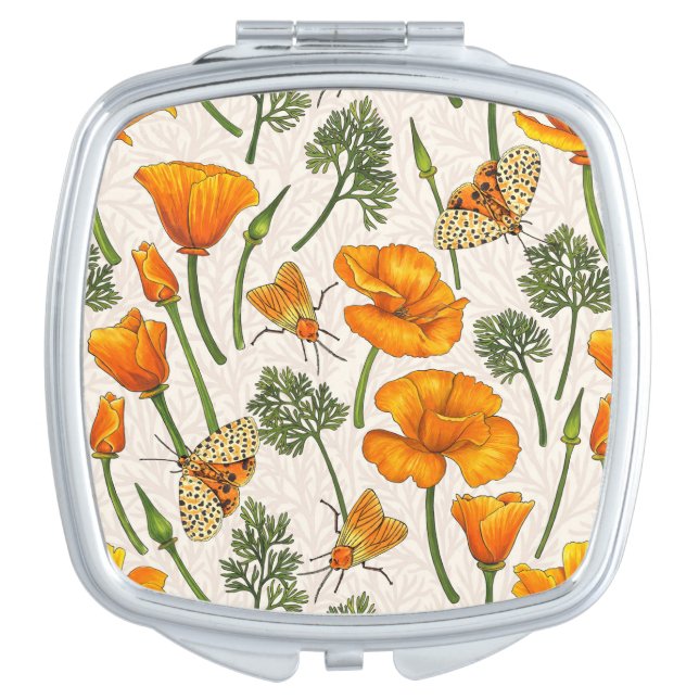 California poppies and moths on off white 2 compact mirror (Front)