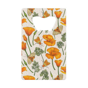 California poppies and moths on off white 2 credit card bottle opener