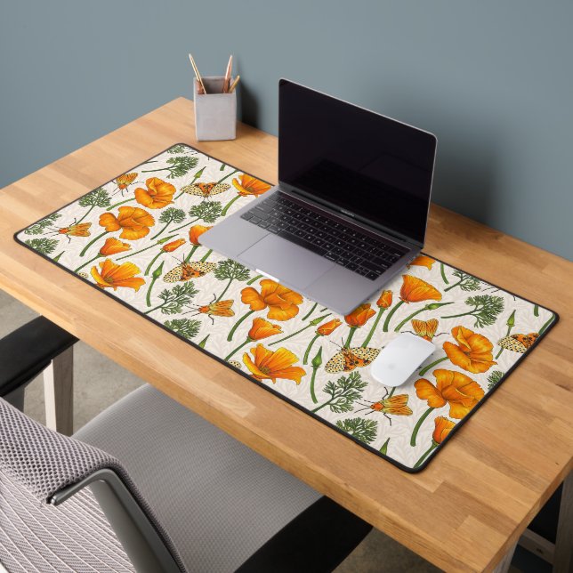 California poppies and moths on off white 2 desk mat (Office 2)