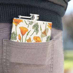 California poppies and moths on off white 2 flask