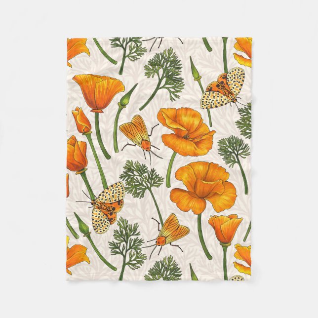 California poppies and moths on off white 2 fleece blanket (Front)