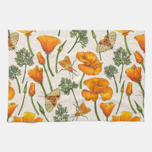 California poppies and moths on off white 2 kitchen towel