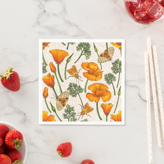 California poppies and moths on off white 2 napkins (Insitu)