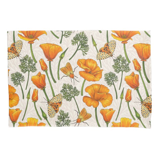 California poppies and moths on off white 2 pillow case (Front-Left)