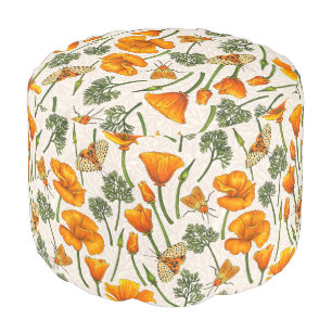 California poppies and moths on off white 2 pouf