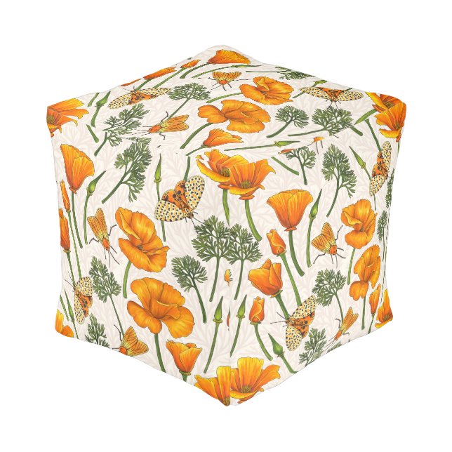 California poppies and moths on off white 2 pouf (Angled Front)