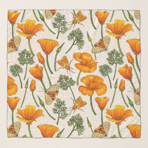 California poppies and moths on off white 2 scarf