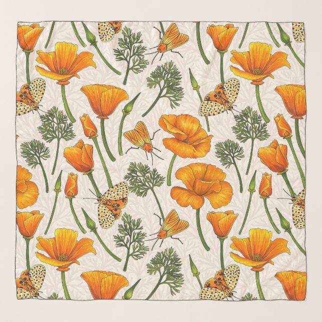 California poppies and moths on off white 2 scarf (Front)