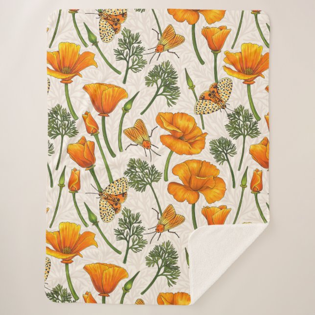 California poppies and moths on off white 2 sherpa blanket (Front)
