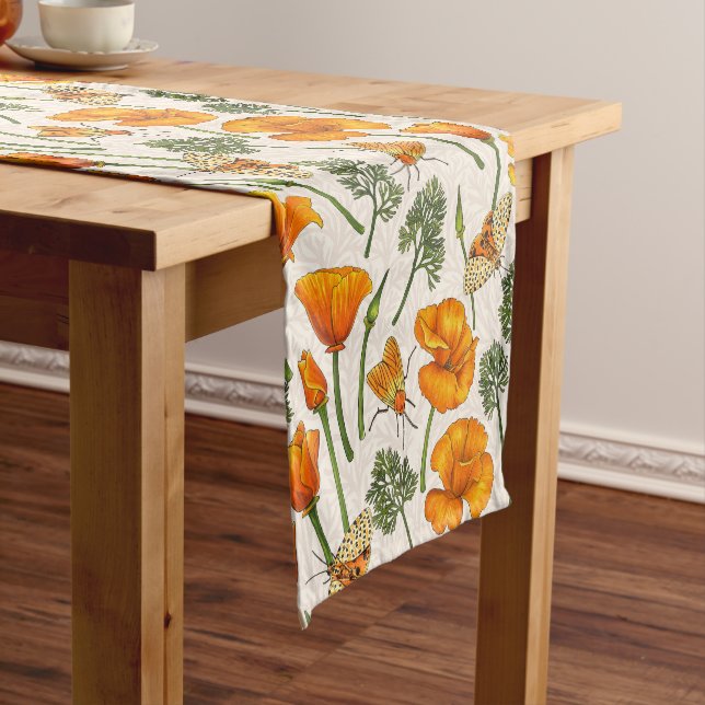 California poppies and moths on off white 2 short table runner (In Situ)