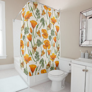 California poppies and moths on off white 2 shower curtain