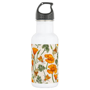 California poppies and moths on off white 2 stainless steel water bottle