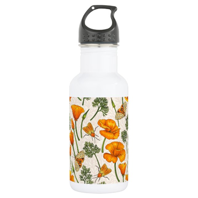 California poppies and moths on off white 2 stainless steel water bottle (Front)