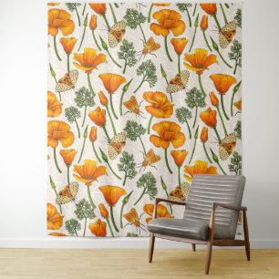 California poppies and moths on off white 2 tapestry